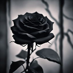 A dark romantic scene featuring a black rose in a gothic setting