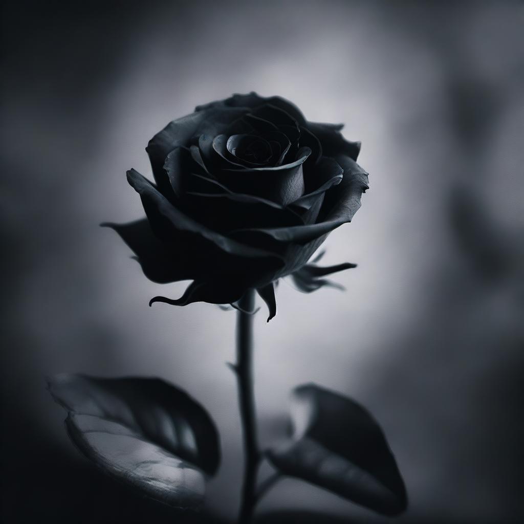 A dark romantic scene featuring a black rose in a gothic setting