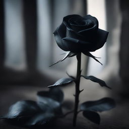 A dark romantic scene featuring a black rose in a gothic setting