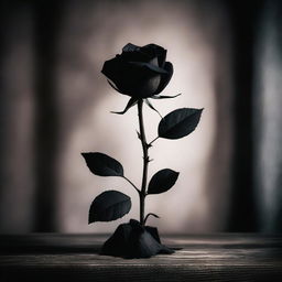 A dark romantic scene featuring a black rose in a gothic setting