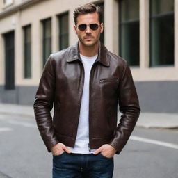 A stylish man wearing a dark brown, aviator-style leather jacket.