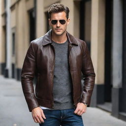 A stylish man wearing a dark brown, aviator-style leather jacket.