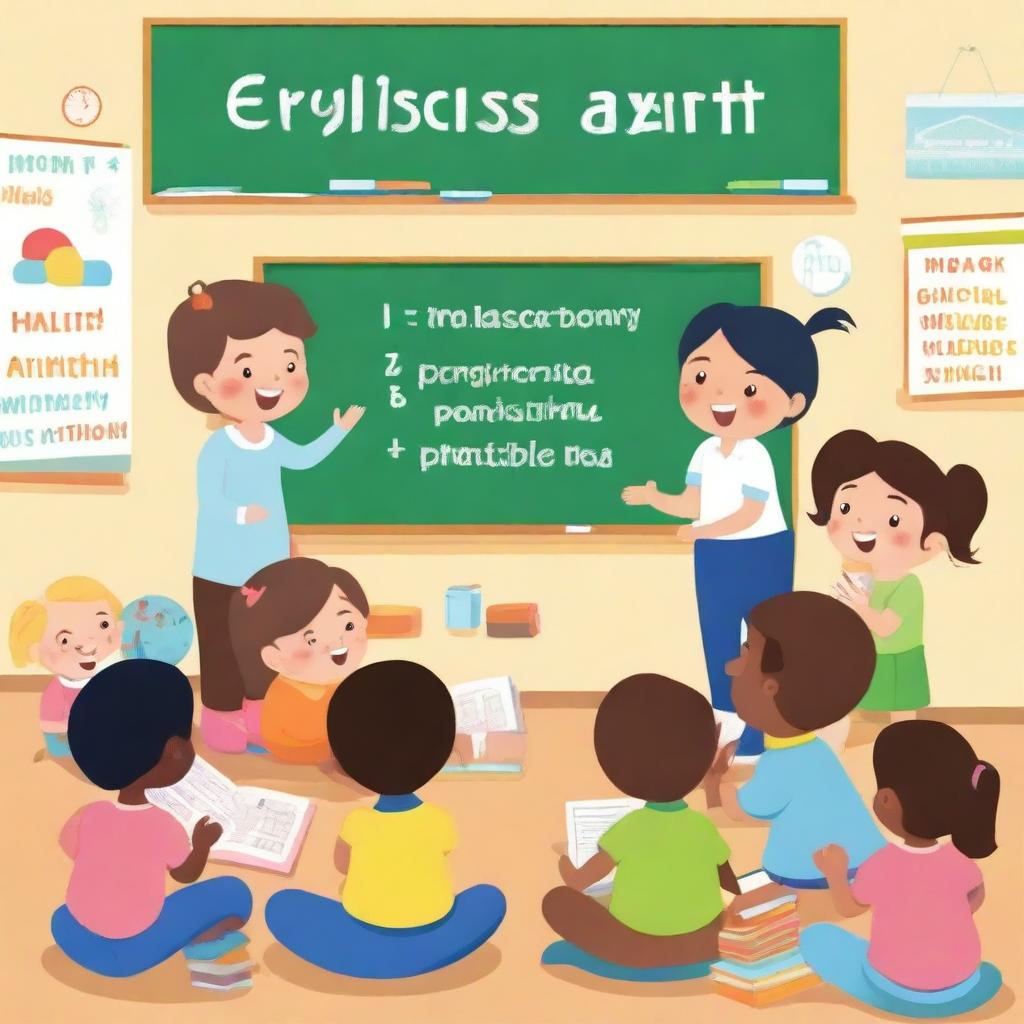 A colorful and engaging scene featuring children learning English