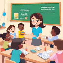 A colorful and engaging scene featuring children learning English