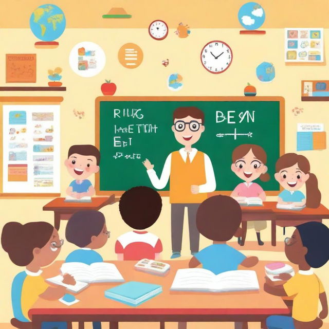 A colorful and engaging scene featuring children learning English