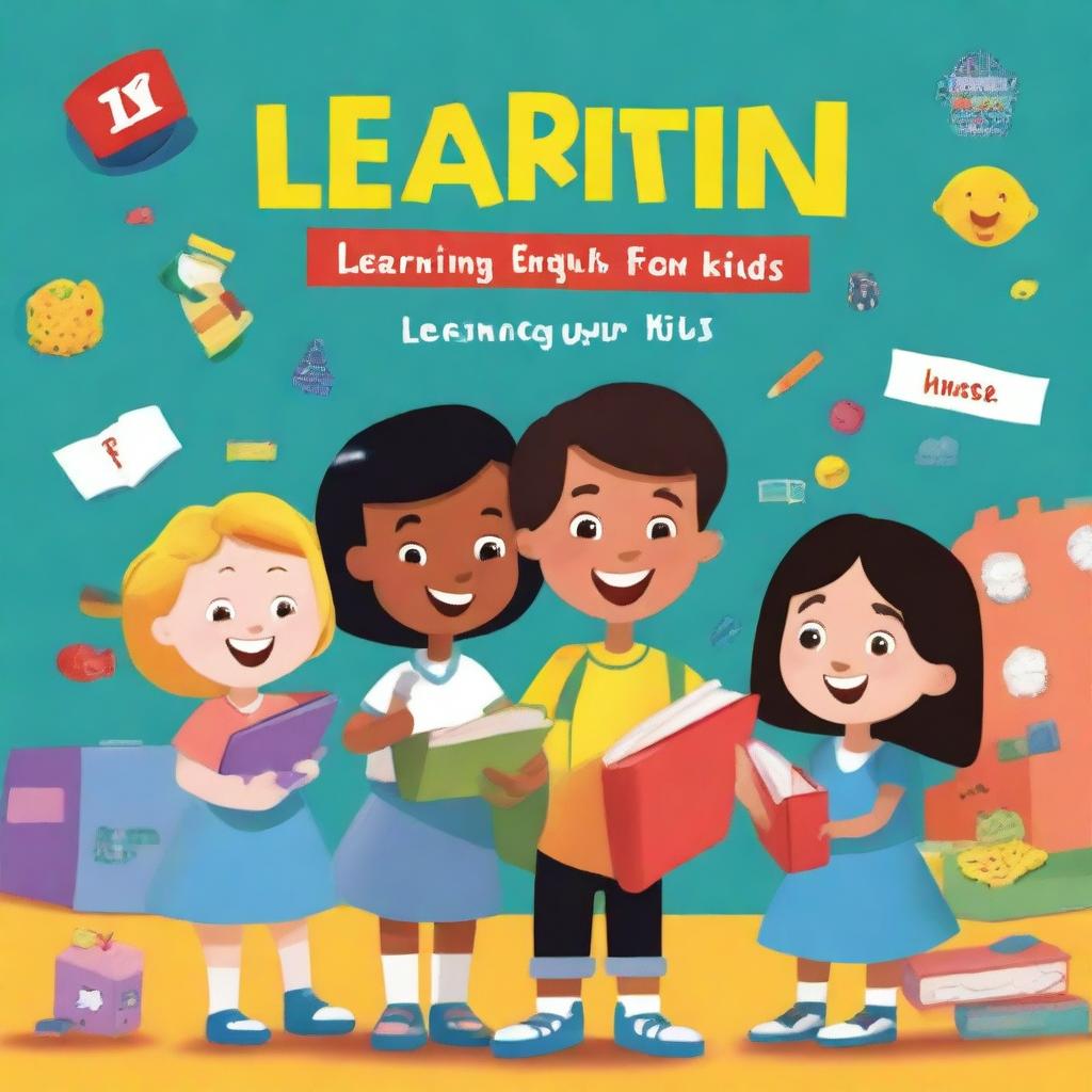 A vibrant and engaging book cover for a children's book titled 'Learning English for Kids'