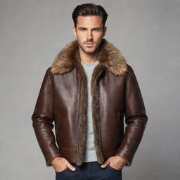 A stylish man wearing a dark brown, aviator-style leather jacket with fur collars.