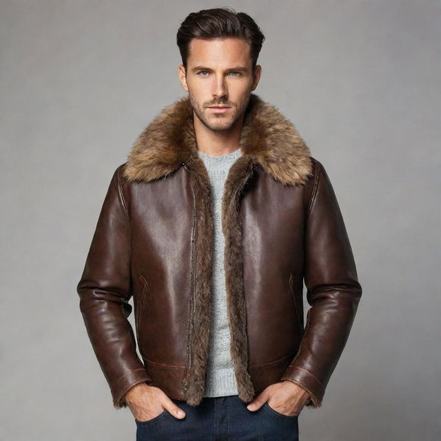 A stylish man wearing a dark brown, aviator-style leather jacket with fur collars.