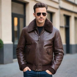 A stylish man wearing a dark brown, aviator-style leather jacket with fur collars.