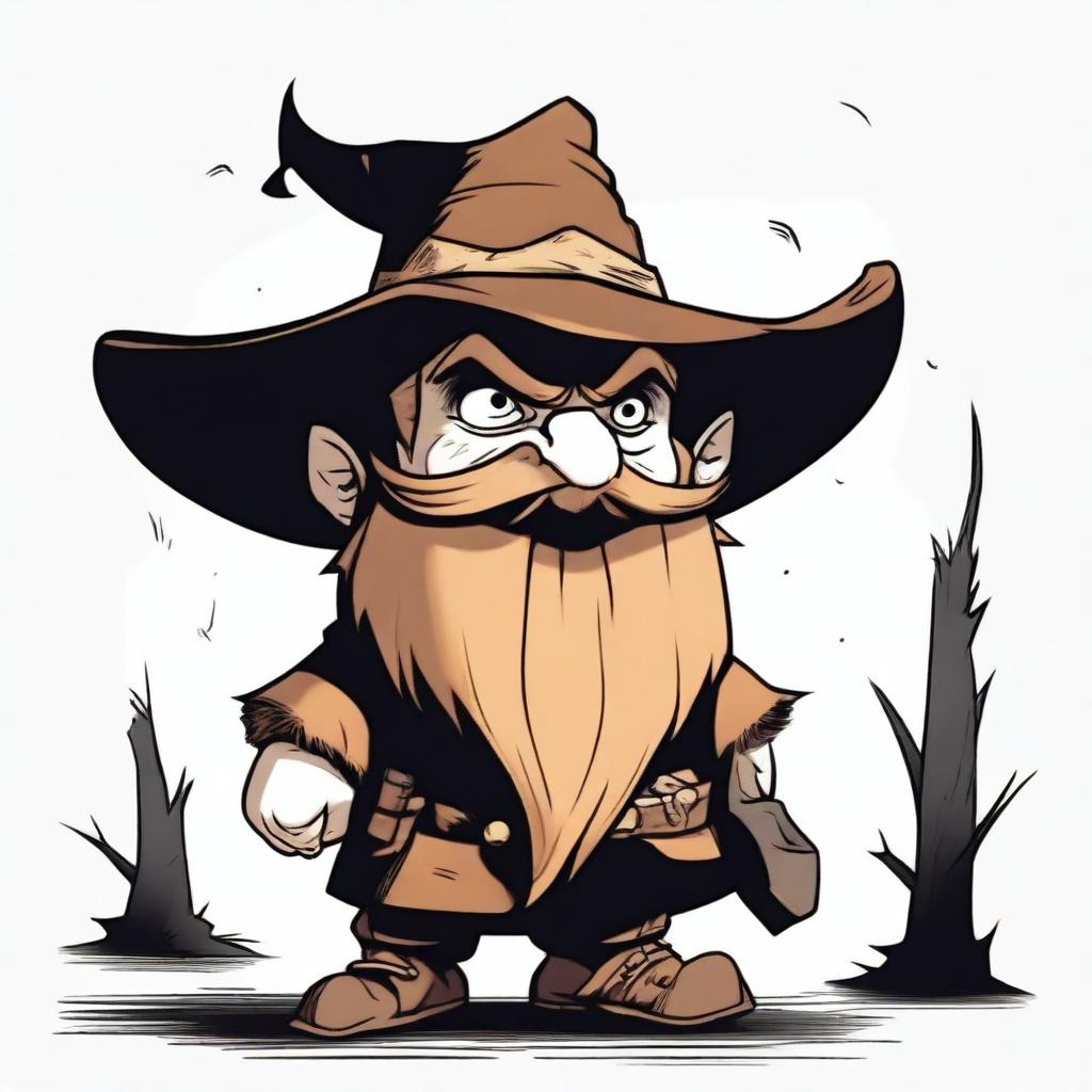 A cartoon character of a sinister dwarf wearing a large cowboy hat that reaches his shoulders, obscuring his face