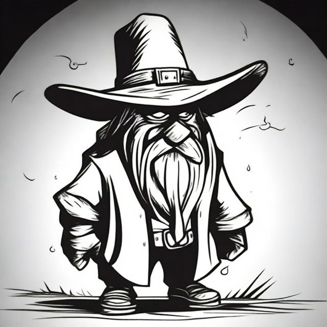 A cartoon character of a sinister dwarf wearing a large cowboy hat that reaches his shoulders, obscuring his face