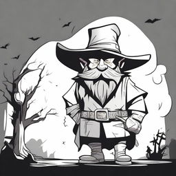 A cartoon character of a sinister dwarf wearing a large cowboy hat that reaches his shoulders, obscuring his face