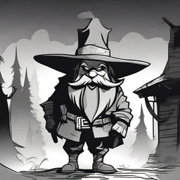 A cartoon character of a sinister dwarf wearing a large cowboy hat that reaches his shoulders, obscuring his face