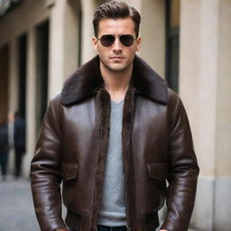 A stylish man wearing a dark brown, aviator-style leather jacket with fur collars.