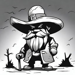 A cartoon character of a sinister dwarf wearing a large cowboy hat that reaches his shoulders, obscuring his face