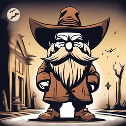 A cartoon character of a sinister dwarf wearing a large cowboy hat that reaches his shoulders, obscuring his face