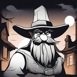 A cartoon character of a sinister dwarf wearing a large cowboy hat that reaches his shoulders, obscuring his face