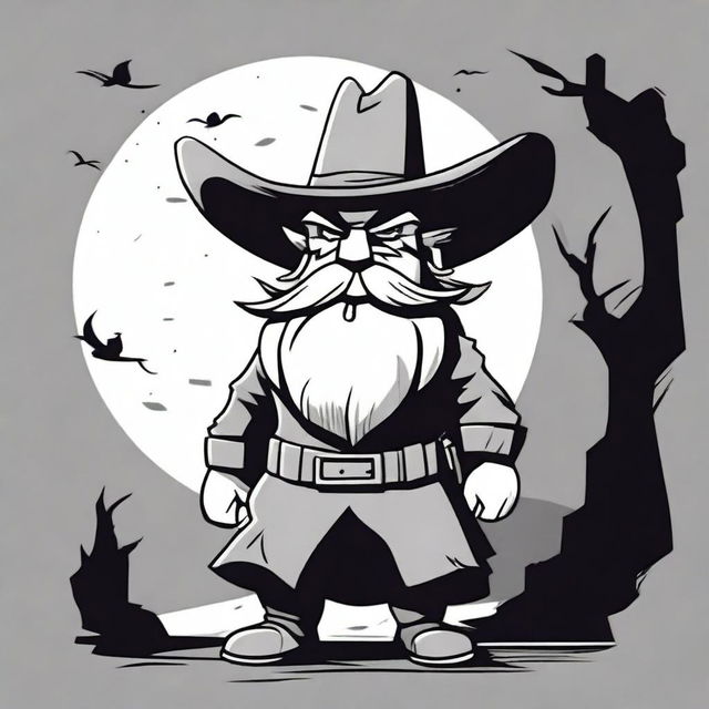 A cartoon character of a sinister dwarf wearing a large cowboy hat that reaches his shoulders, obscuring his face