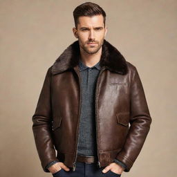 A stylish man wearing a dark brown, aviator-style leather jacket with fur collars.