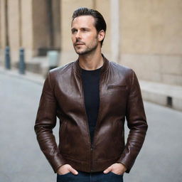 A stylish man wearing a dark brown leather jacket without collar.