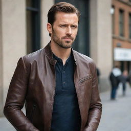 A stylish man wearing a dark brown leather jacket without collar.