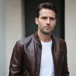 A stylish man wearing a dark brown leather jacket without collar.