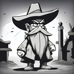 A cartoon character of a sinister dwarf wearing a large cowboy hat that covers his entire face, making it invisible