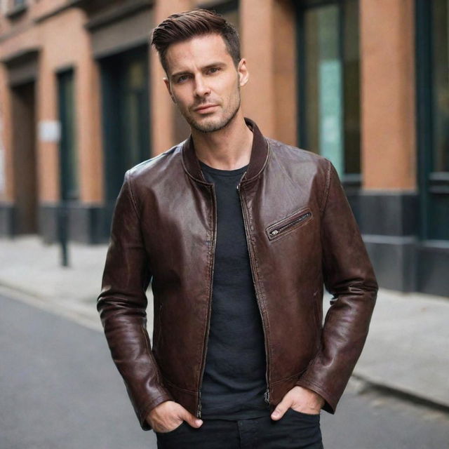 A stylish man wearing a dark brown leather jacket without collar.