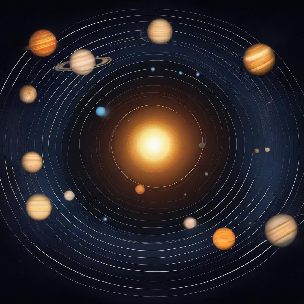 A detailed illustration of the solar system showing all the planets in their orbits around the Sun