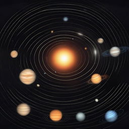 A detailed illustration of the solar system showing all the planets in their orbits around the Sun