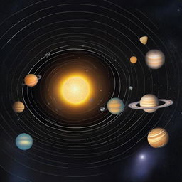 A detailed illustration of the solar system showing all the planets in their orbits around the Sun