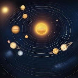 A detailed illustration of the solar system showing all the planets in their orbits around the Sun