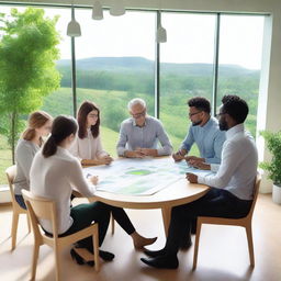 A group of people discussing environmental issues and brainstorming ways to help the environment