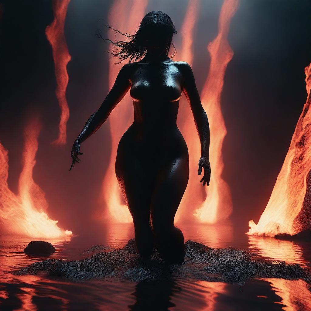 A dramatic action scene depicting a demonic seductress erupting naked from a glowing lake of lava in a dark and foreboding underworld setting