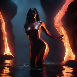 A dramatic action scene depicting a demonic seductress erupting naked from a glowing lake of lava in a dark and foreboding underworld setting