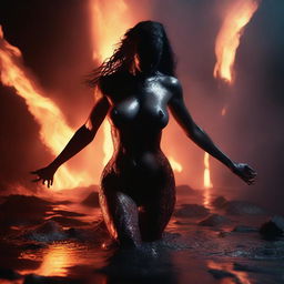 A dramatic action scene depicting a demonic seductress erupting naked from a glowing lake of lava in a dark and foreboding underworld setting