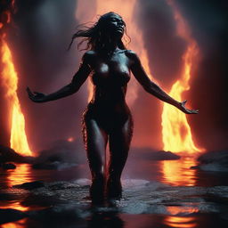 A dramatic action scene depicting a demonic seductress erupting naked from a glowing lake of lava in a dark and foreboding underworld setting