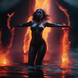 A dramatic action scene depicting a demonic seductress erupting naked from a glowing lake of lava in a dark and foreboding underworld setting