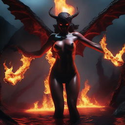 A dramatic action scene depicting a demonic succubus erupting naked from a glowing lake of lava in a dark and foreboding underworld setting