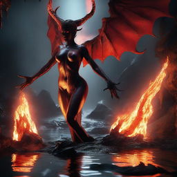 A dramatic action scene depicting a demonic succubus erupting naked from a glowing lake of lava in a dark and foreboding underworld setting