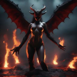 A dramatic action scene depicting a demonic succubus erupting naked from a glowing lake of lava in a dark and foreboding underworld setting