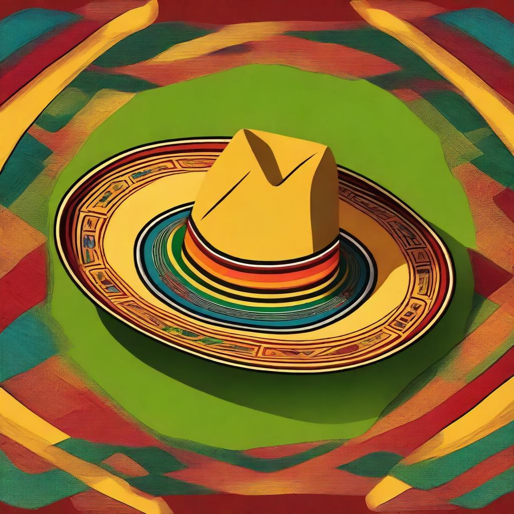 A detailed illustration of a traditional sombrero resting on a classic acoustic guitar