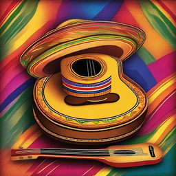 A detailed illustration of a traditional sombrero resting on a classic acoustic guitar