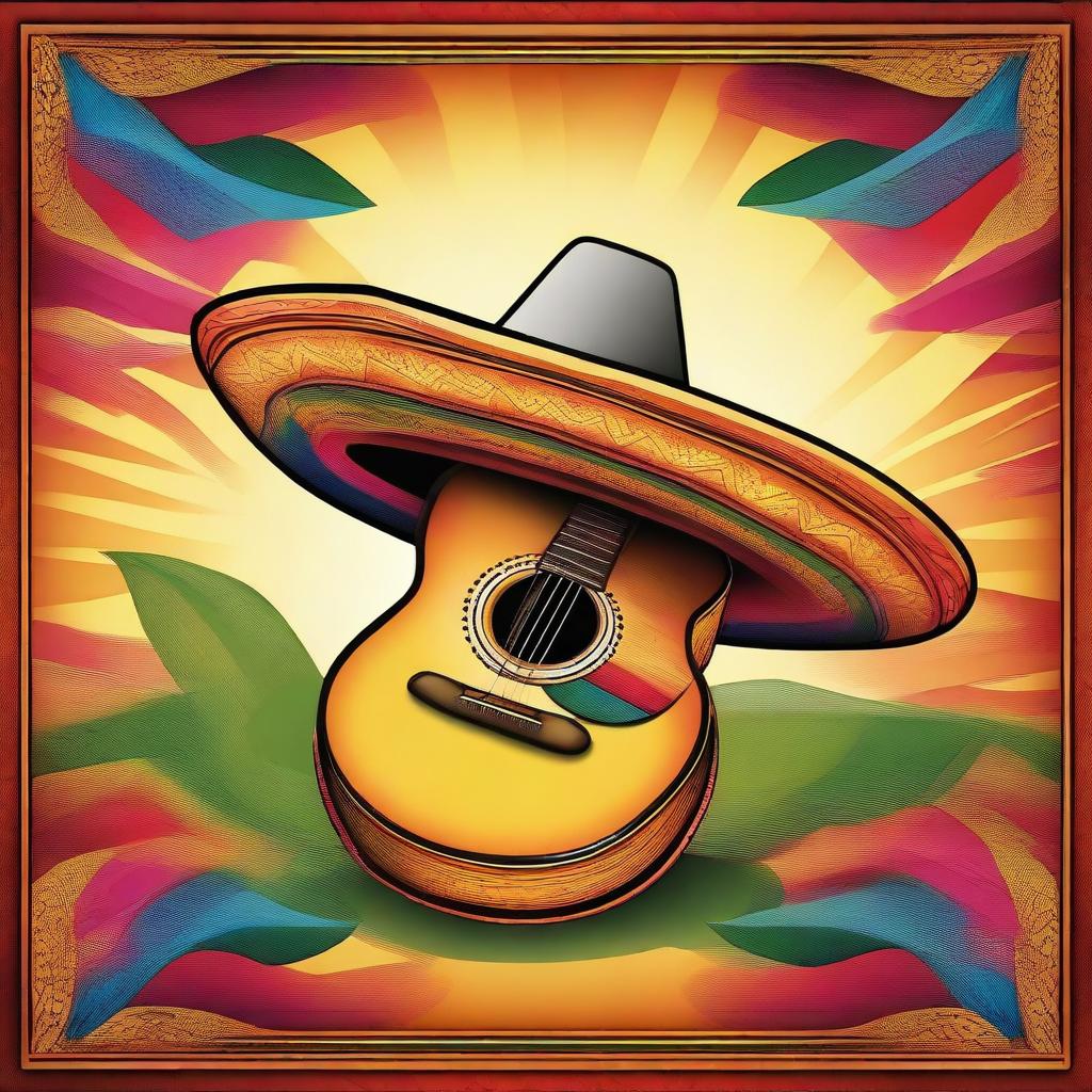 A detailed illustration of a traditional sombrero resting on a classic acoustic guitar