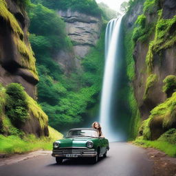 A woman driving a car on a scenic road near a beautiful waterfall