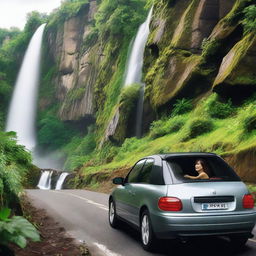 A woman driving a car on a scenic road near a beautiful waterfall