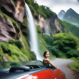 A woman driving a car on a scenic road near a beautiful waterfall