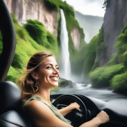 A woman driving a car on a scenic road near a beautiful waterfall