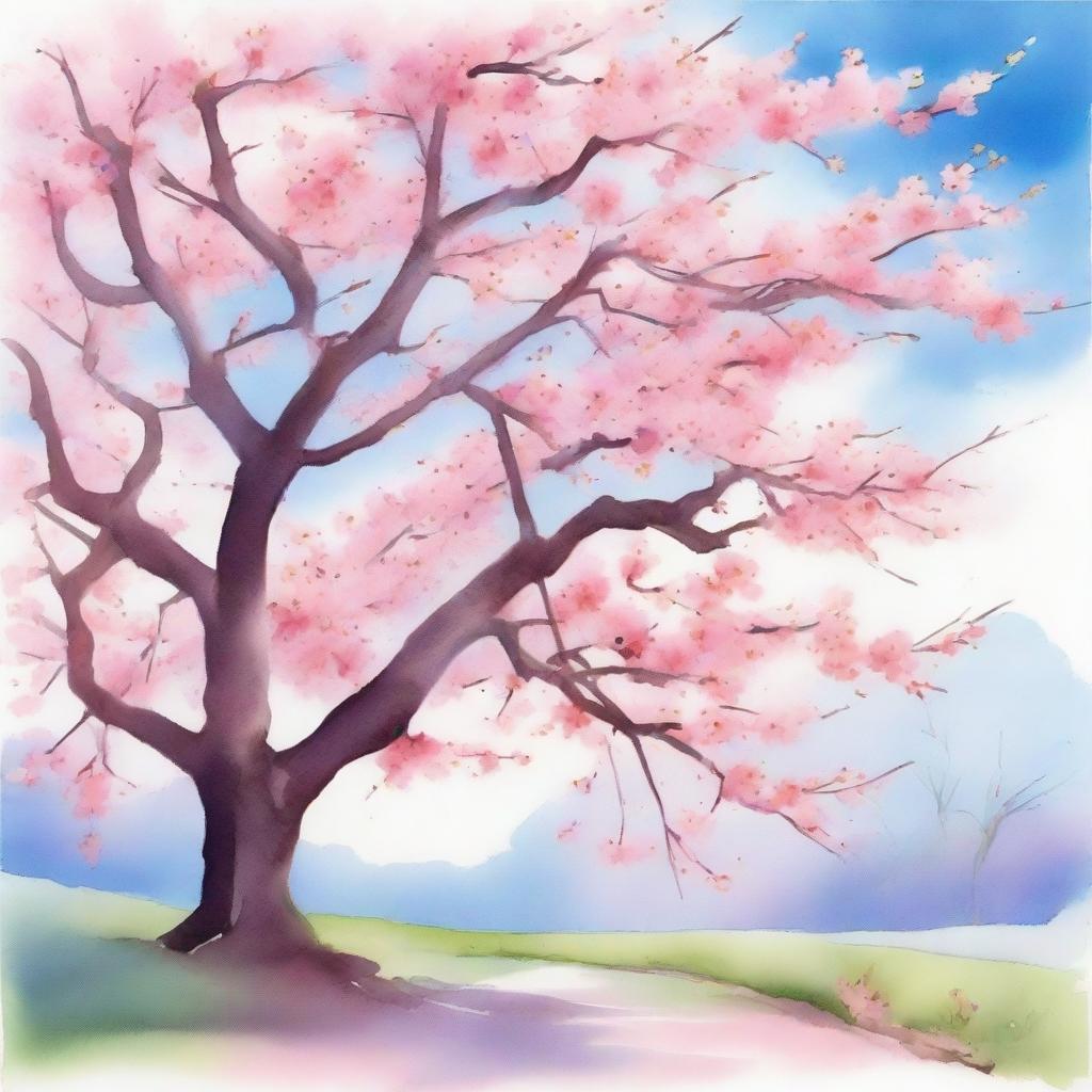 A beautiful watercolor painting of a cherry blossom tree in full bloom