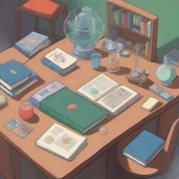 An anime style study desk viewed from above, featuring a few hardcover books along with evident study supplies